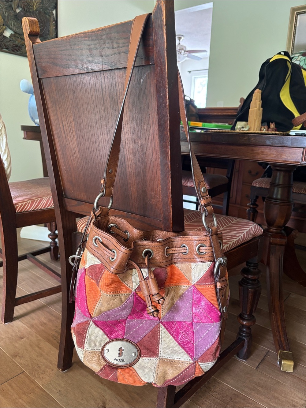 Fossil Maddox Patchwork Leather Bucket Bag in Pink, Orange, Tan